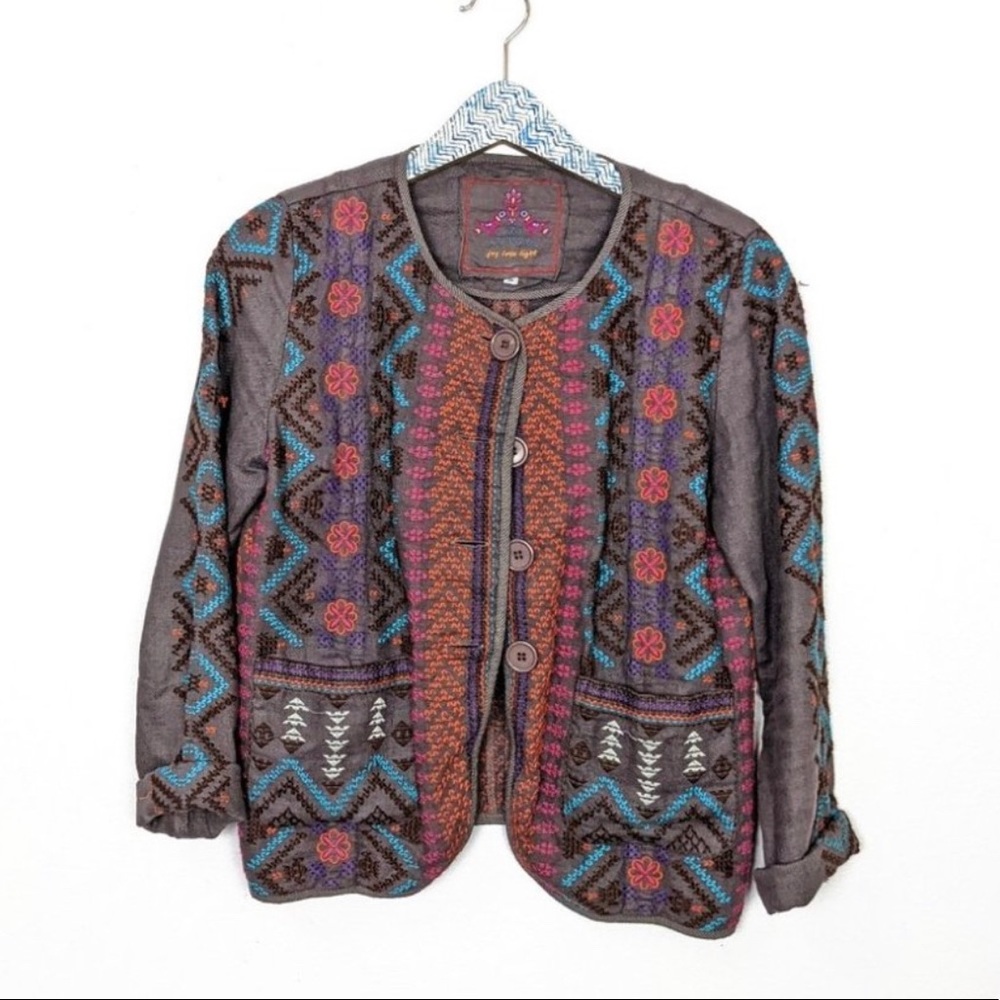 Johnny Was Los Angeles Embroidered Button Front Bohemian Linen Jacket